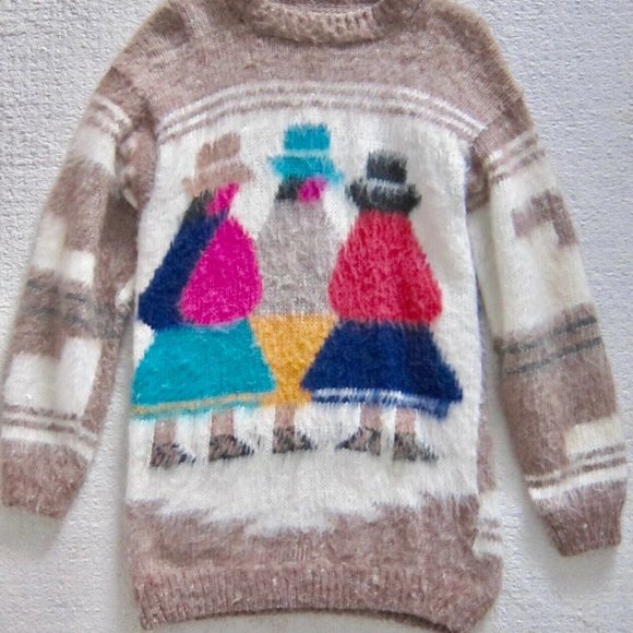 Vintage 80s figurines colourful hand knit aztec folk alpaca sweater GUC - Picture 5 of 14